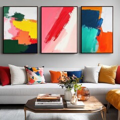 Living room with a couch and abstract colorful paintings