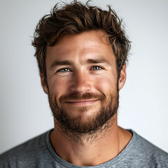 Obraz premium Smiling Bearded Man Portrait: Confident Male in Casual Style with Natural Light