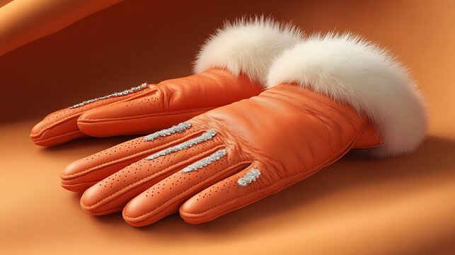 Orange leather gloves, fur trim, winter