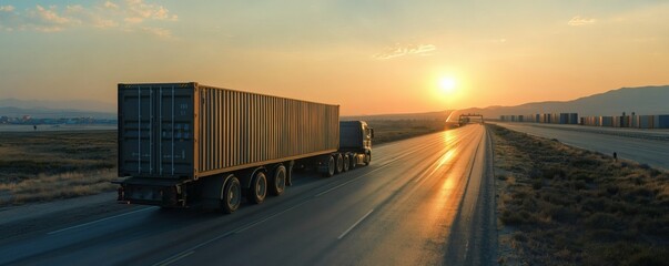 Obraz premium A large cargo truck travels on a highway during a sunrise
