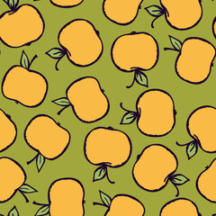 Seamless pattern with apple on color background. Natural delicious fresh ripe tasty fruit. Vector illustration for print, fabric, textile, banner, design. Stylized apples with leaves. Food concept.