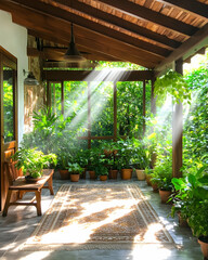 Sunlight filters through lush plants on a cozy covered porch, featuring rustic wooden details