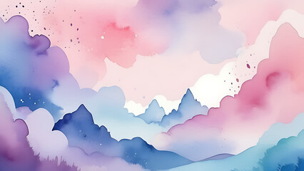 Fototapeta premium Watercolor Mountain Landscape with Soft Pink and Blue Pastel Colors