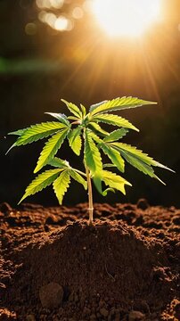 Planta de maconha crescendo lentamente do solo iluminada pela luz do sol
