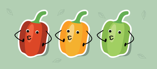 Bellpepper cartoon character illustration with red yellow green vegetables in flat kawaii style isolated on background, cute funny design for sticker, healthy food concept for children and farm print