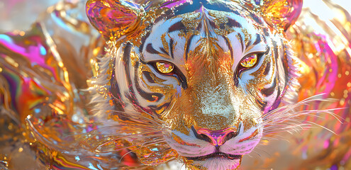 Portrait of a tiger in golden tones, mug sublimation, mug wrap