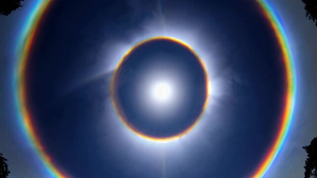 A mesmerizing video captures a solar halo from a low-angle perspective, showcasing vibrant, circular rainbow patterns against a deep blue sky. Live desktop wallpaper.