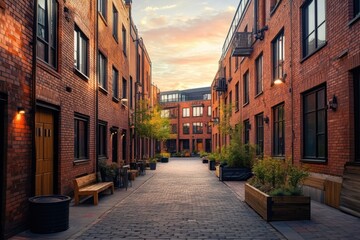 Fototapeta premium Quiet evening stroll through a modern brick courtyard filled with greenery and warm lighting in a quaint urban neighborhood at dusk