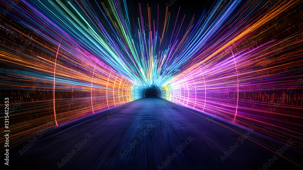 Poster radiant burst of colorful light trails converging on a dark road in a dynamic abstract composition w