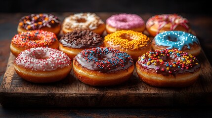 Colorful donuts on wooden board