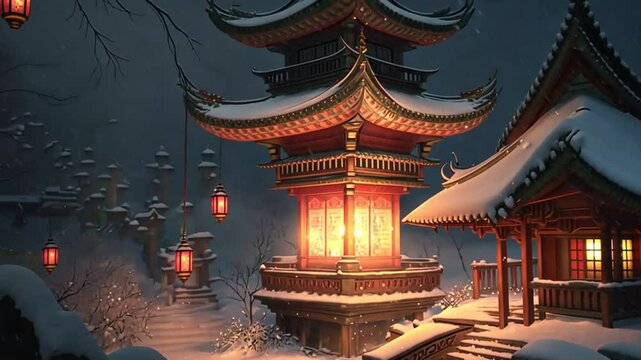 Stimmungsvoll beleuchtete Pagode mit asiatischen Laternen