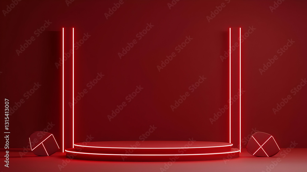 Poster red neon lit podium with geometric shapes in a dark studio setting on a red illuminated platform for