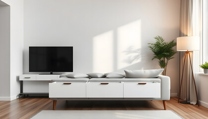 Modern home living room interior with empty drawer and lamp, mockup product, Backlit. with white shades