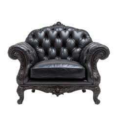 An elegant black tufted armchair with an artistic, transparent background, PNG