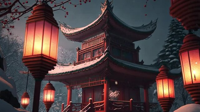 Beleuchteter Tempel mit asiatischer Architektur in der D&auml;mmerung