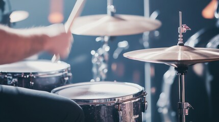 Obraz premium Close-up of a drummer's hands playing drums.