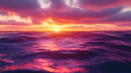 Obraz premium Vibrant sunset over a calm ocean with colorful clouds reflecting on the water.