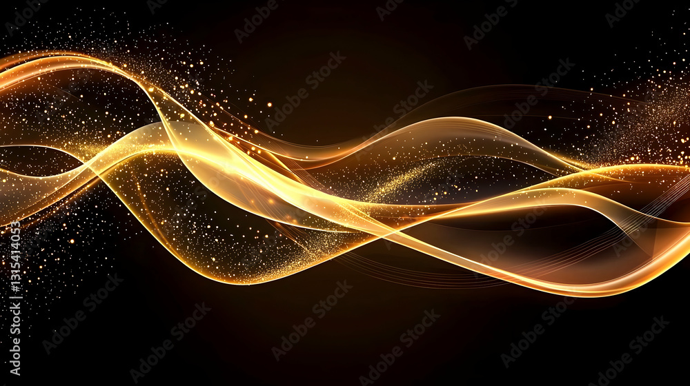 Poster abstract golden wavy lines with sparkling particles on black background