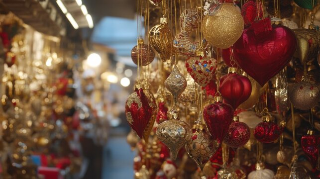 Festive Holiday Ornaments in a Vibrant Marketplace Display