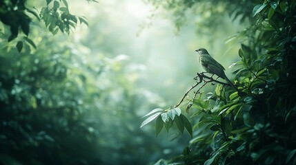 Serene bird perched on a branch amidst lush green foliage in a misty forest.