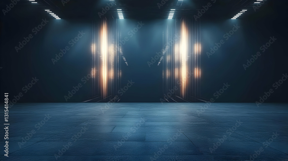 Aufkleber empty concrete room with illuminated lines glowing background modern futuristic dark blue orange ill