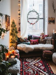 A cozy and decorated bedroom during the holiday season