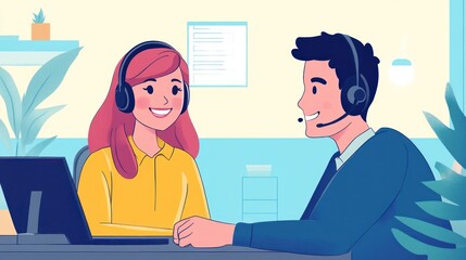 Cheerful customer service representatives in a friendly online support discussion