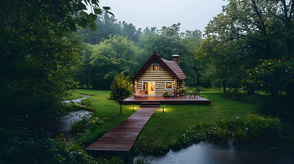 Charming Pixel Art Log Cabin in a Lush Rainforest During a Serene Evening Rain Illuminated by Warm Lights