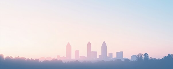 Obraz premium Silhouetted Buildings Stand Behind Trees with a Gradient Sky Above