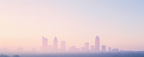 Fototapeta premium A distant city skyline shrouded in soft pastel colored mist