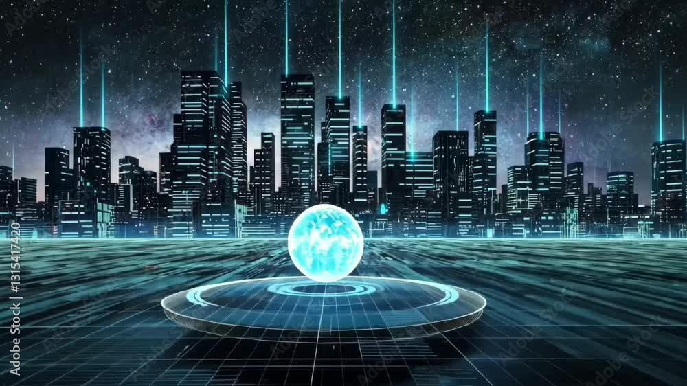 Poster futuristic digital globe floating above cyber city at night representing artificial intelligence and