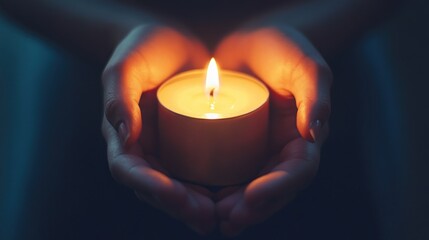 Hands gently cradling a glowing candle, radiating warmth in the darkness