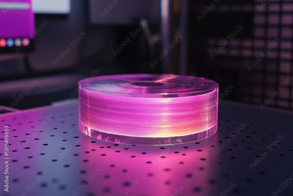 Poster circular light object illuminated in purple in a lab setting at night