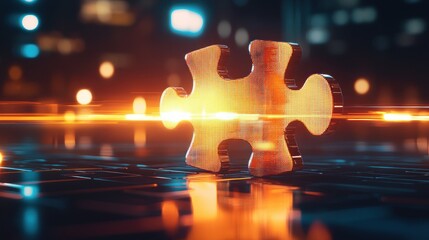 Puzzle piece on grid. Light streams in a blurred urban background, shiny metal