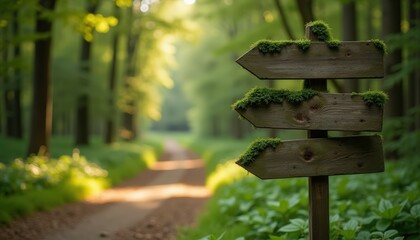 Signpost with blank wooden pointers on forest trail for hiking and tourism navigation. Eco-tourism and physical activity concept. Nature and parks. Copy space