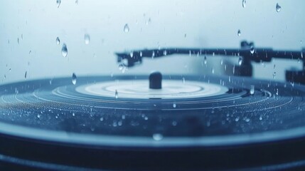 Record player close-up with raindrops, moody blue lighting, shallow focus