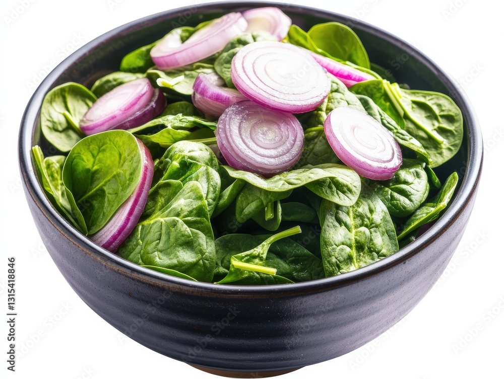 Poster top view of a bowl filled with delicious spinach and fresh spinach with no background in a photo rea