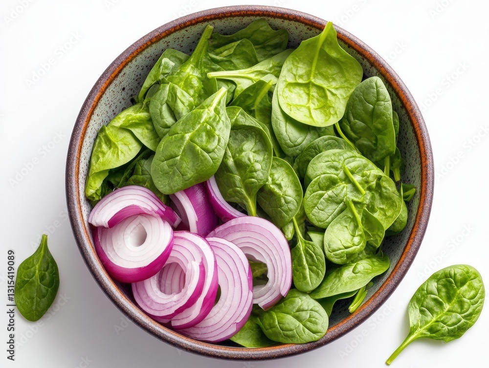 Poster top view of a bowl filled with fresh spinach and chopped onions in a photo realistic style with no b