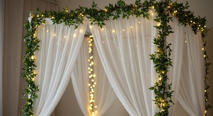 Elegant Canopy Bed with White Curtains, Green Garland, and Warm Lights