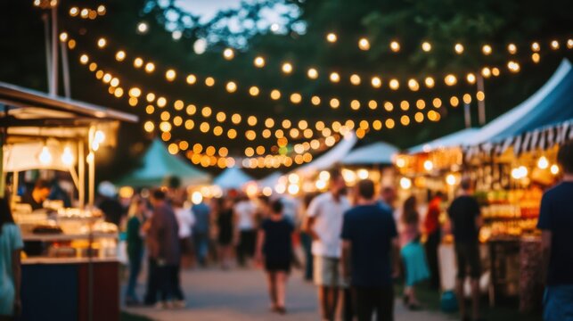 Vibrant Night Market With Glowing String Lights and Crowded Stalls