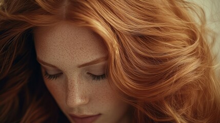 Naklejka premium Red-haired woman with freckles and closed eyes in close-up portrait