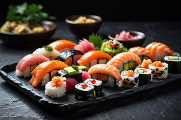 Exquisite sushi platter featuring various types served with garnishes in a Japanese restaurant setting
