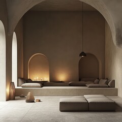 A neutral toned minimalist room with a warm cozy ambiance