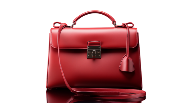 Red Leather Handbag Stylish Women's Accessory, Luxury Designer Tote Bag, isolated on transparent background.