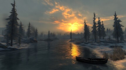 Naklejka premium A tranquil frozen lake surrounded by frosted trees, with beams of sunlight breaking through the overcast sky above.