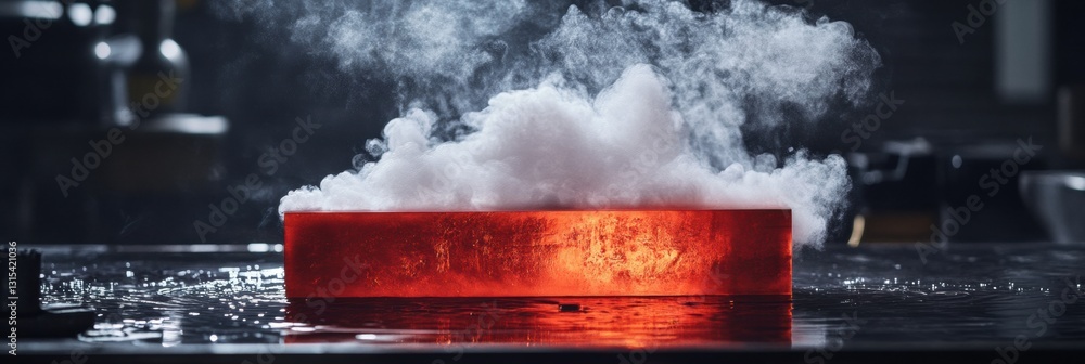 Poster red hot metal billets submerged in water create clouds of steam in a dynamic workshop atmosphere