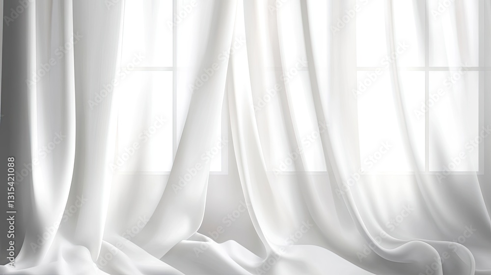 Poster sheer white curtains gently draped over a window, sunlight filtering through, creating soft shadows 