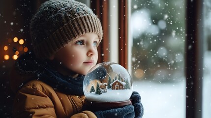 Naklejka premium Toddler boy in winter clothes looks out snow-covered window holding snow globe.
