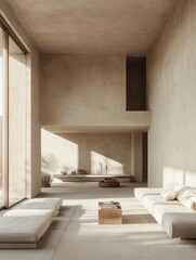 A modern minimal interior rendering with clean lines and textures