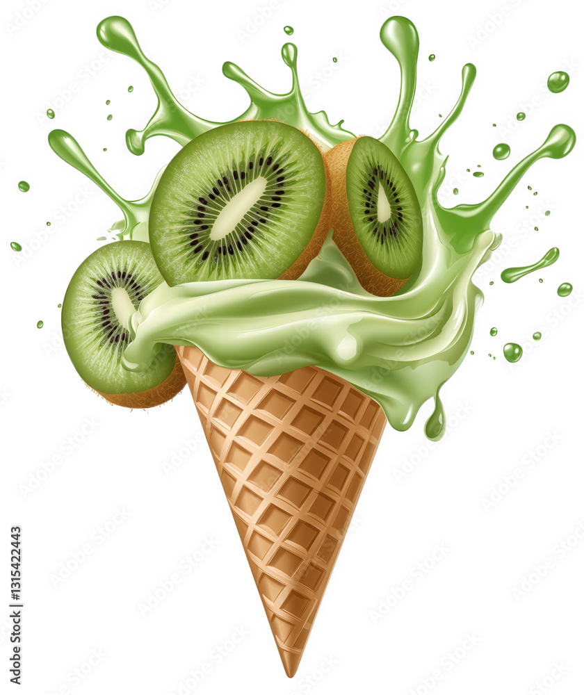 Poster delicious ice cream cone topped with creamy green kiwi-flavored ice cream and slices of kiwi surroun
